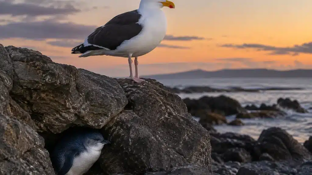 A large gull perched above a little penguin sheltering in a rock crevice