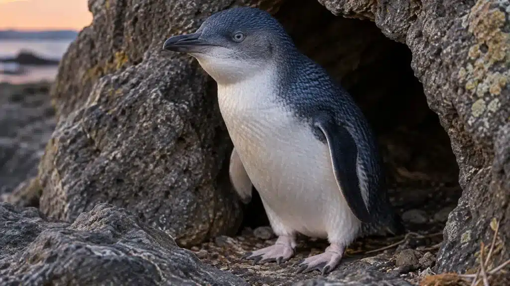 A little penguin at the entrance of its rock-crevice nest