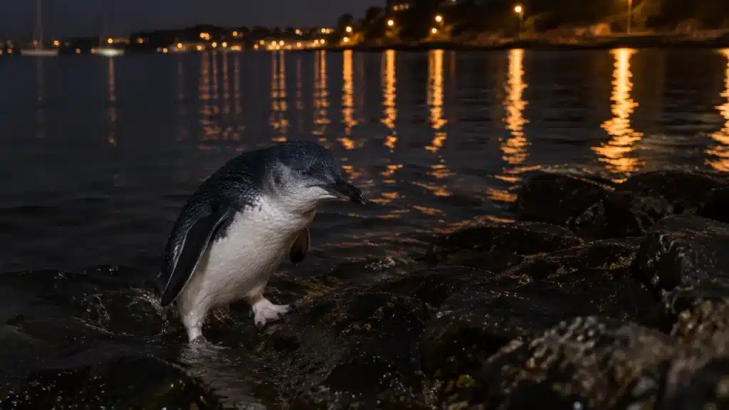 A little penguin coming ashore in the dark below bright foreshore lights