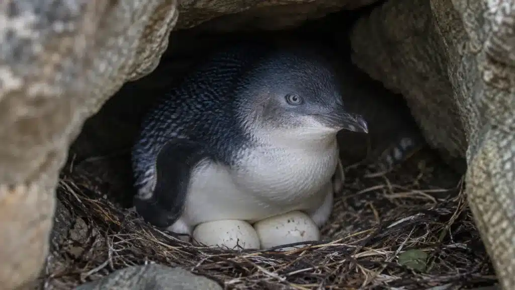 A little penguin incubating two eggs inside a rock-crevice nest