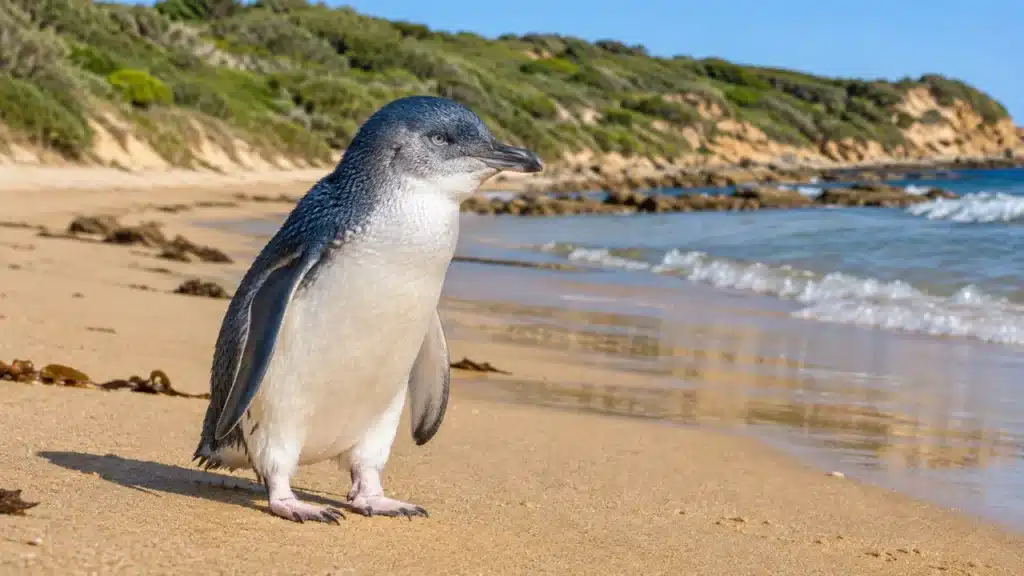A little penguin on a sunny, temperate Australian beach