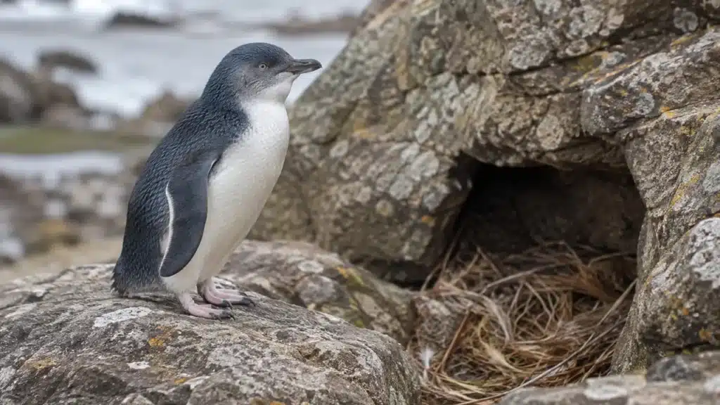 A little penguin standing beside an empty nest cavity