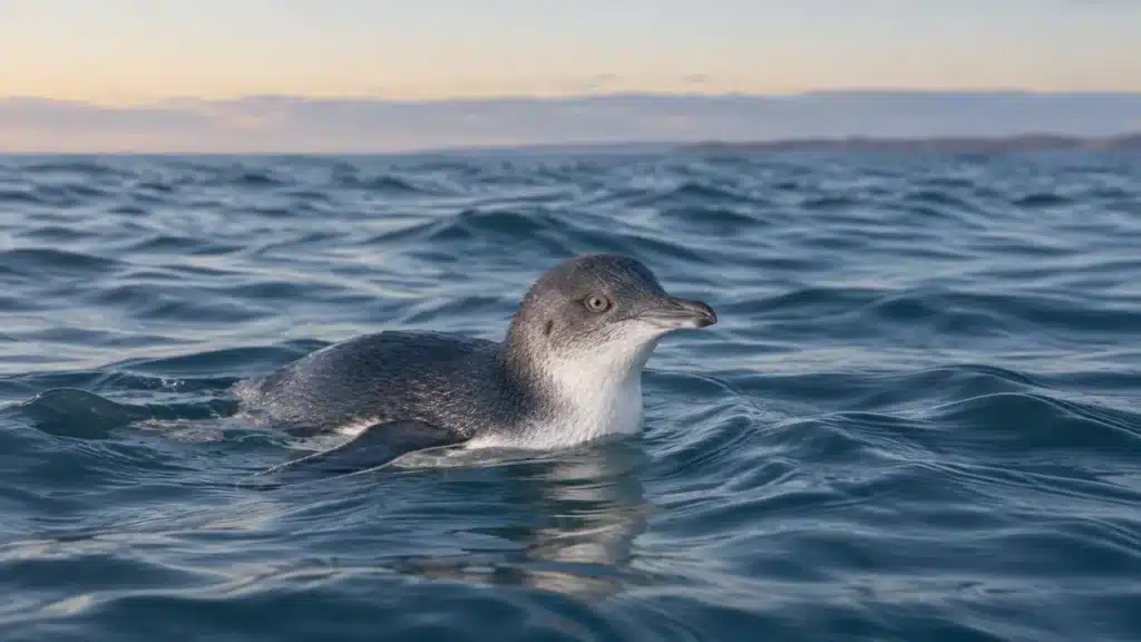 A little penguin swimming far offshore with the coast on the horizon