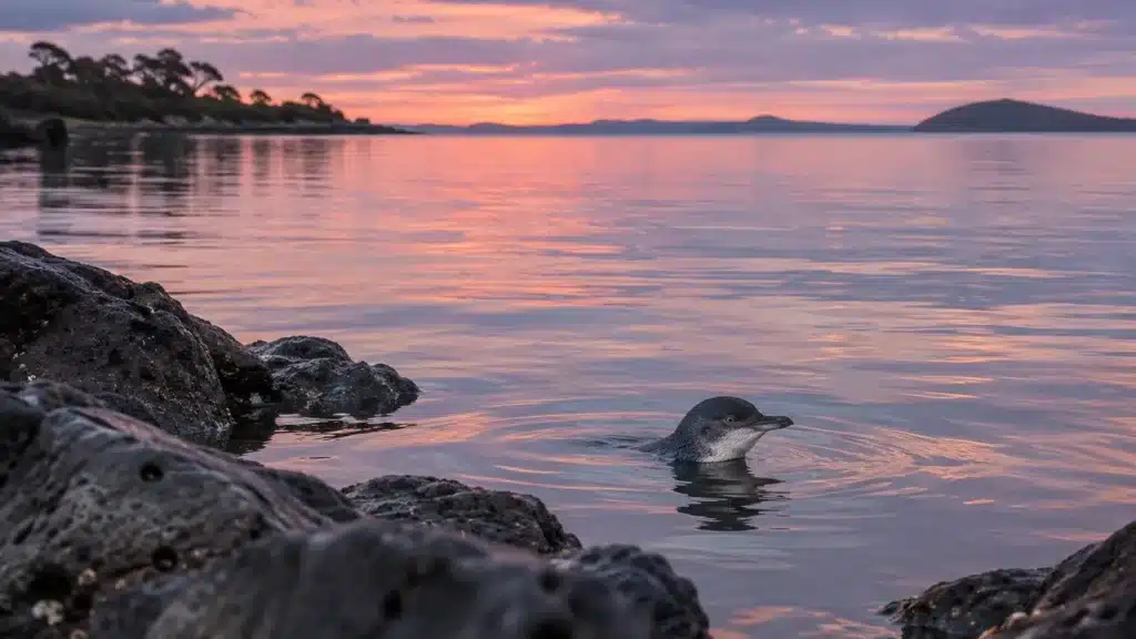A little penguin's head breaking the calm water beside the breakwater at dusk