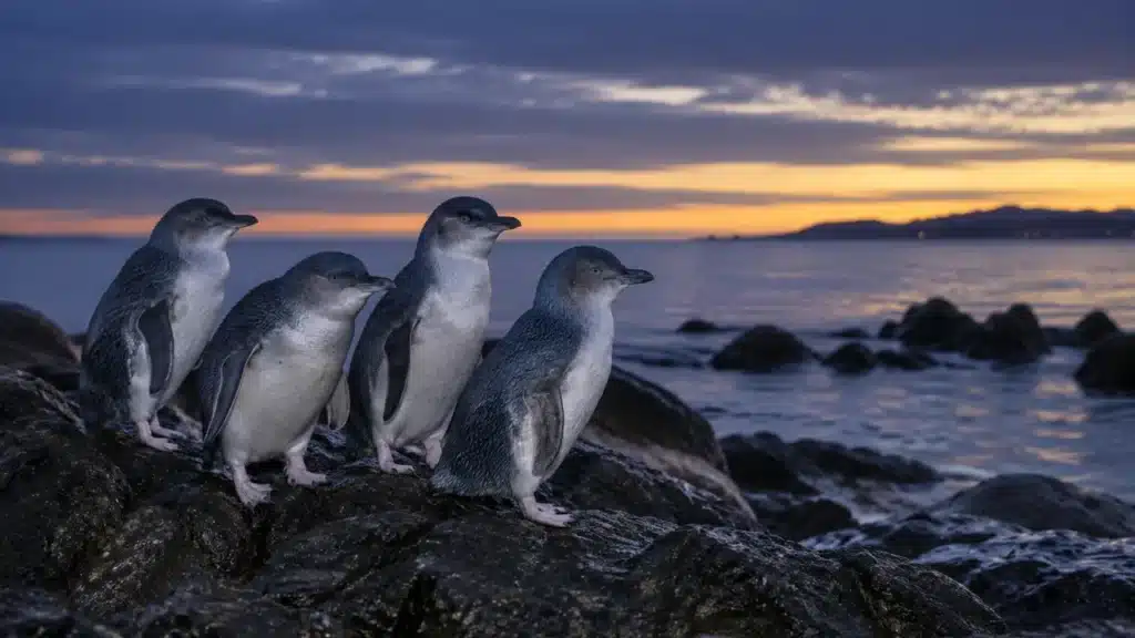 A small group of little penguins on the breakwater at a cold winter dusk
