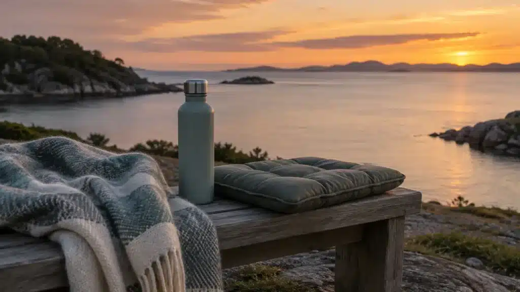Blanket, water bottle and seat cushion on a bench overlooking the bay at dusk