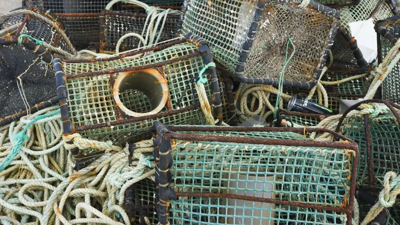 A pile of old mesh fishing pots tangled with coils of rope