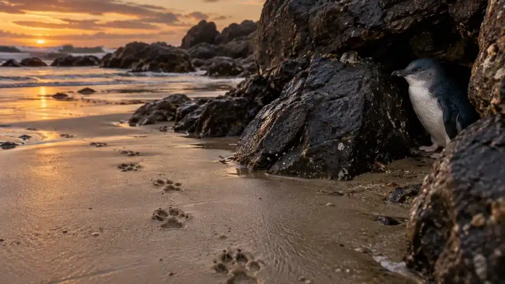 Dog paw prints in the sand leading towards rocks where a little penguin shelters