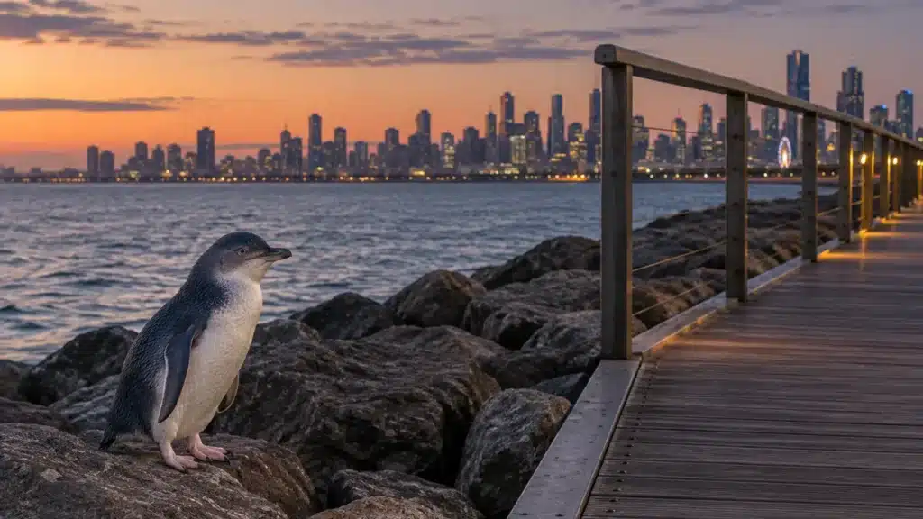 Empty elevated viewing boardwalk along the breakwater with the city skyline at dusk