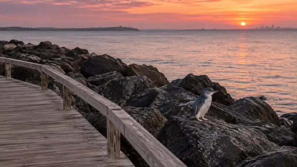 Empty viewing boardwalk above the breakwater rocks at dusk with a little penguin below