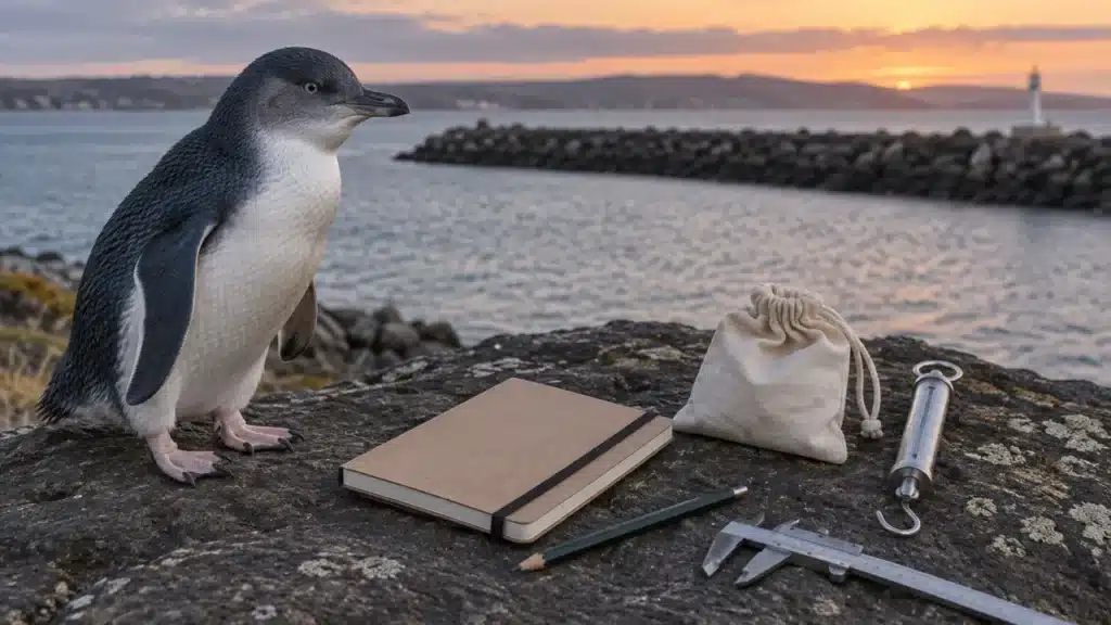 Field research equipment laid out on the breakwater rocks at dusk