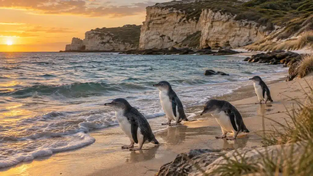 Little penguins on a southern Australian cove at golden hour