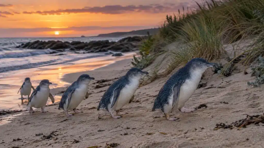 Little penguins waddling up a sandy beach towards the dunes at dusk