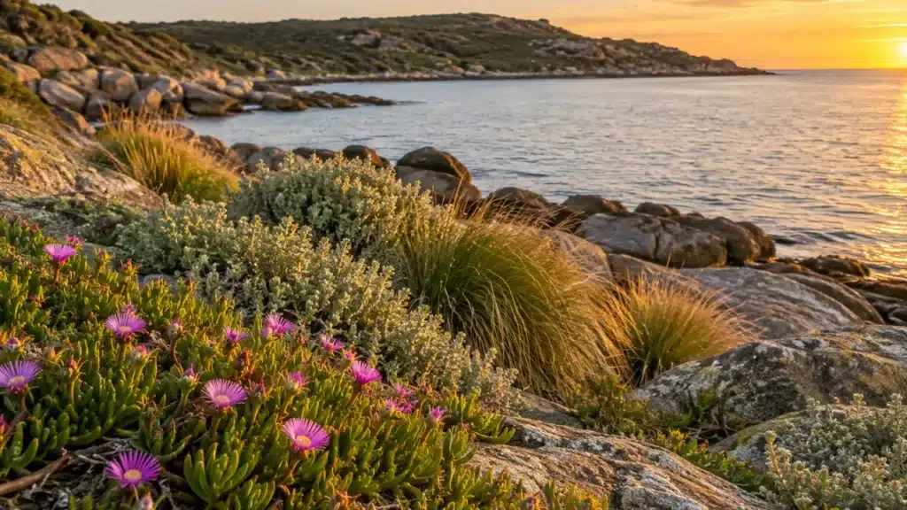 Native saltbush, pigface and tussock grass growing on the bay foreshore