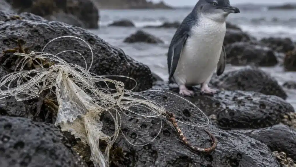 Tangled fishing line, hook and plastic caught among the breakwater rocks