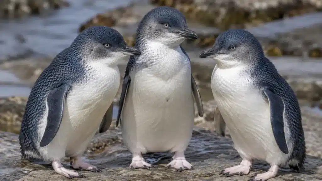 Three little penguins standing together on the rocks