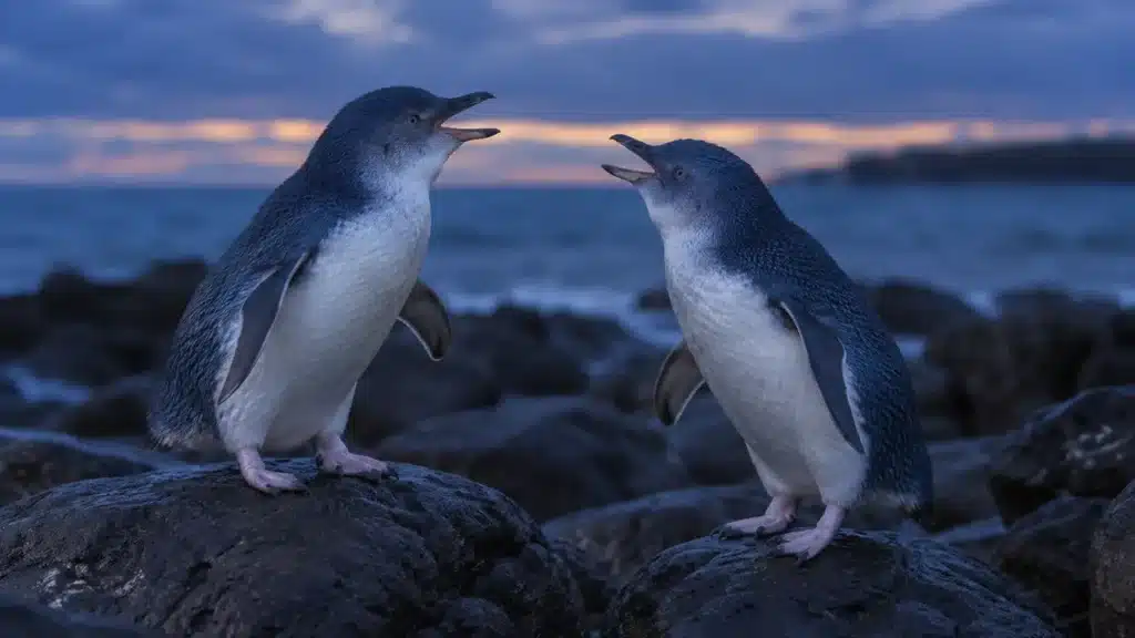 Two little penguins calling to each other on the rocks at twilight