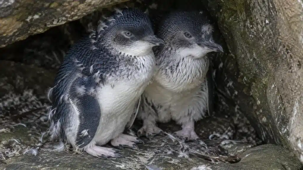 Two moulting little penguins sheltering in a rock crevice
