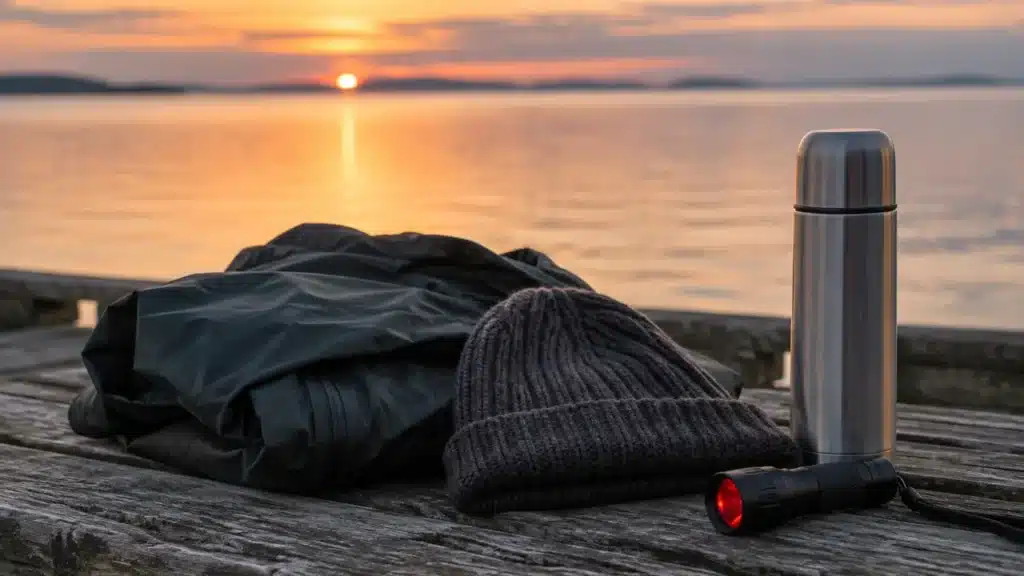 Warm jacket, beanie, thermos and red-filtered torch on a pier bench at dusk