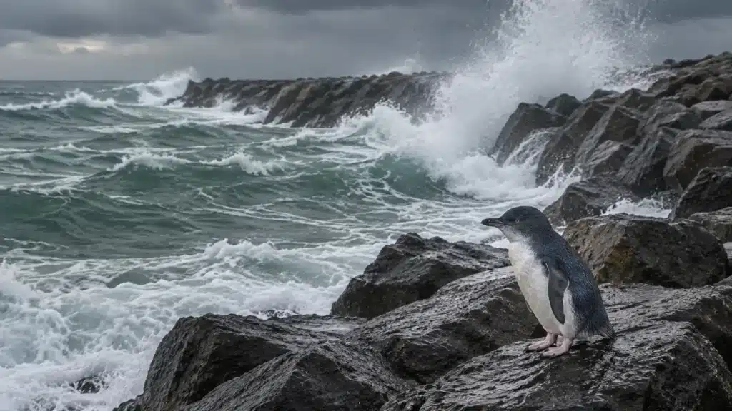 Waves breaking over the rock breakwater in rough, windy weather